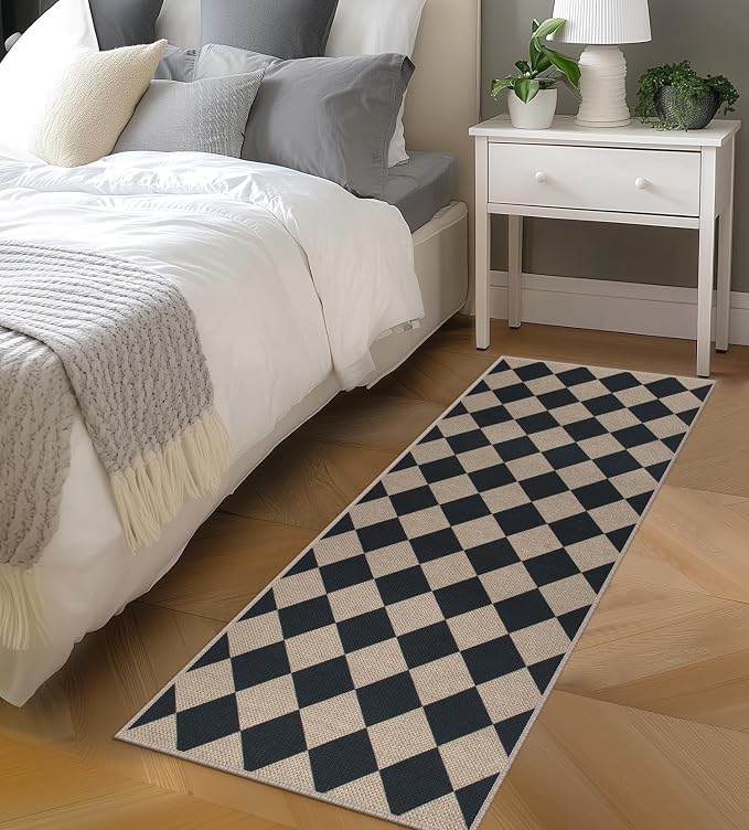 Rugalia Easy Jute Checkered Runner Rug, 2x6 Black Modern Washable Rugs Runner for Hallway Non-Slip Long Kitchen Rug, Geometric Diamond Indoor Outdoor Carpet for Porch Laundry Entryway
