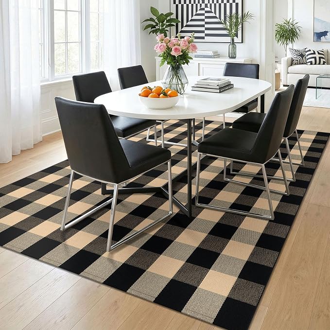 KOZYFLY Buffalo Plaid Area Rug 5x7 Living Room Rug Washable Cotton Brown and Black Checkered Rugs Outdoor Carpet for Dining Room Bedroom Farmhouse Patio Rugs