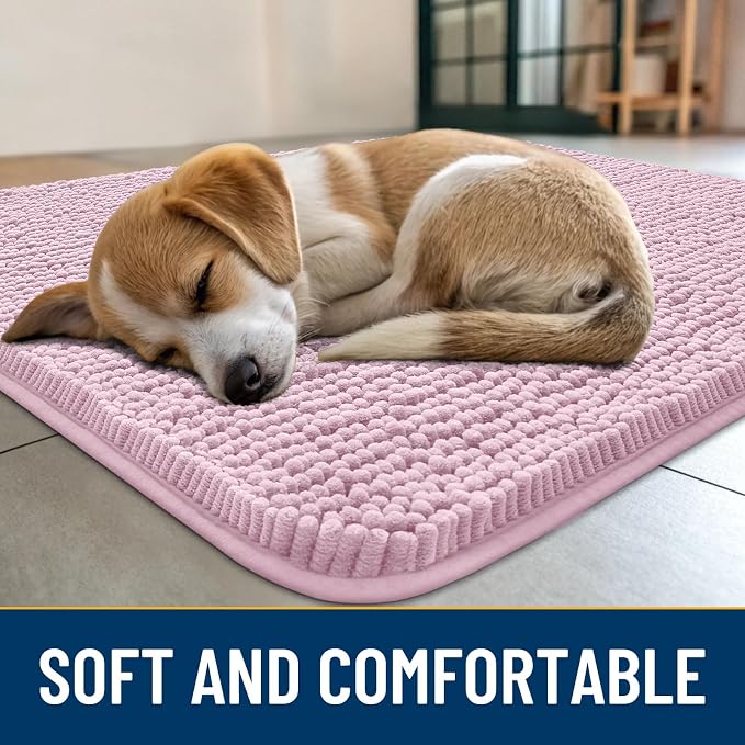 Smiry Dog Door Mat for Muddy Paws 47x32, Absorbent Dirt Trapper, Non-Slip Washable Chenille Entryway Rug for Inside Floor, Dusty Rose, Classic Solid