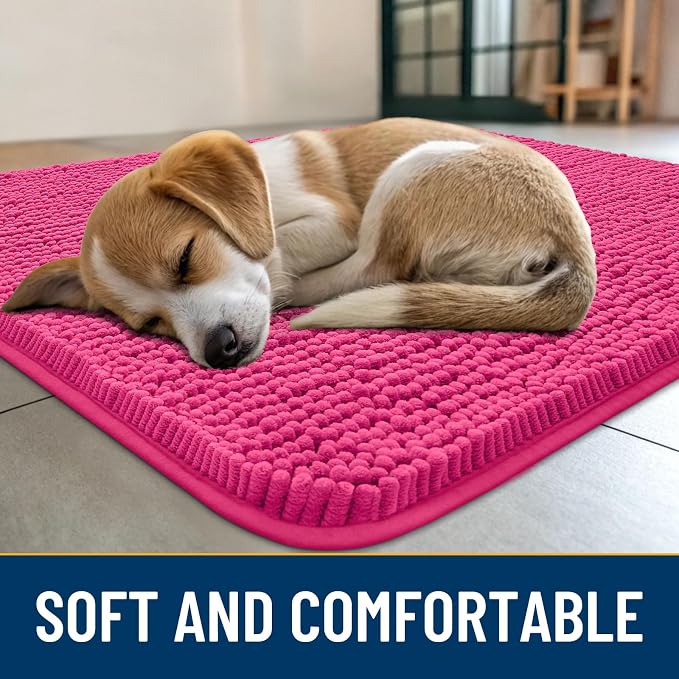 Smiry Dog Door Mat for Muddy Paws 59x20, Absorbent Dirt Trapper, Non-Slip Washable Chenille Entryway Rug for Inside Floor, Hot Pink, Classic Solid