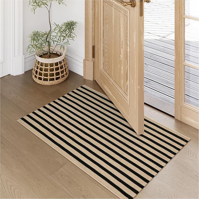 LEEVAN Black and Tan Striped Outdoor Rug, 2 x 3 Small Cotton Front Porch Rug Washable Front Door Mat Outside Entrance, Woven Reversible Welcome Mat Modern Outdoor Entry Layering Rug for Bathroom
