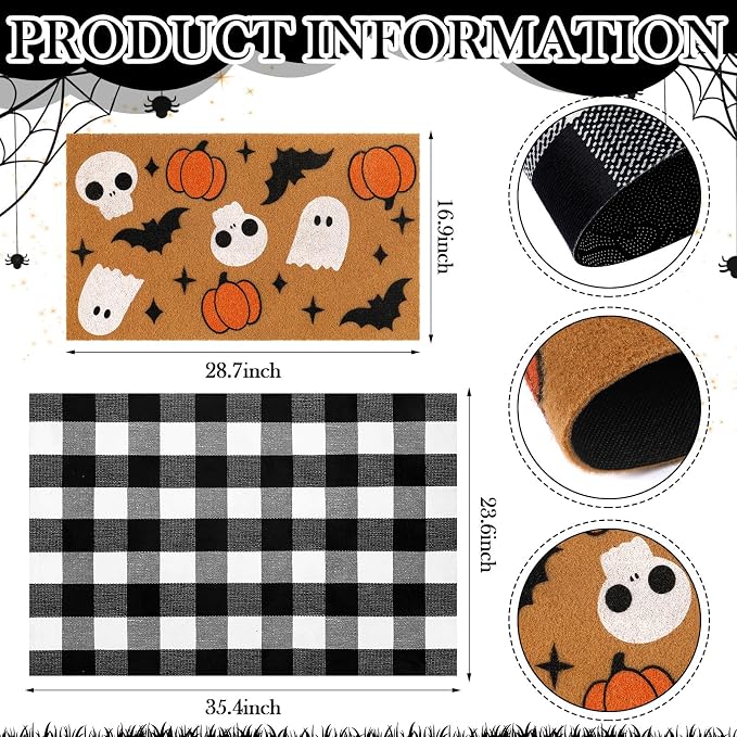 Tinideya 2 Pcs Halloween Door Mat Ghost Skull Pumpkin Bat Welcome Non Slip Coir Mats Fall Floor Layering Doormats for Front Porch Entryway Decor(Cute Ghost)