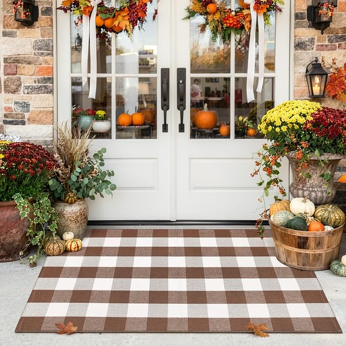Uphome Bufflo Plaid Outdoor Rug 3'x5', Fall Decor Checkered Front Door Mat, Indoor Outdoor Farmhouse Cotton Porch Rug for Layered Door Mats, Washable Brown Area Rugs for Patio Entryway Kitchen