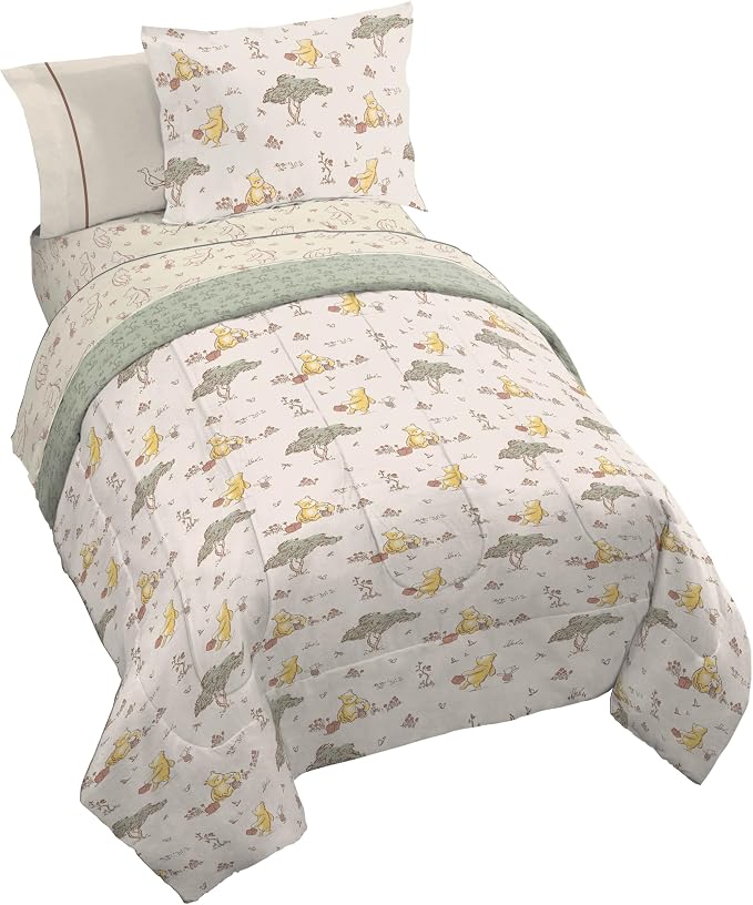 Jay Franco Kids Bed Set, Beige, Winnie The Pooh, 7 Piece Full | Cozy Soft Bedding for Stylish Room Décor with Comforter, Sheets & Pillow Covers