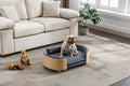 Hayaz Dog Bed Pet Sofa, House Dog Cat Bed, Medium Size Pet Bed with Solid Wood Frame & Washable Velvet Cushion, Modern Pet Furniture for Cats and Small to Medium Dogs, Dark Gray+Natural