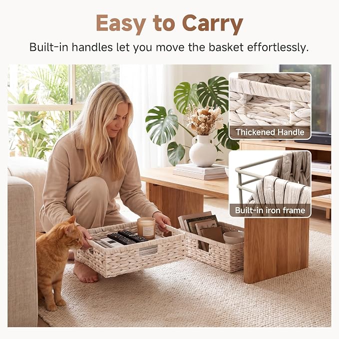 StorageWorks Large Wicker Storage Baskets for Shelves,White Baskets,1-Pack | Water Hyacinth Wicker Baskets for Storage,Pantry Organizers and Storage,Decorative Baskets,Pantry Baskets,15¼" x 11¾" x 4¾"