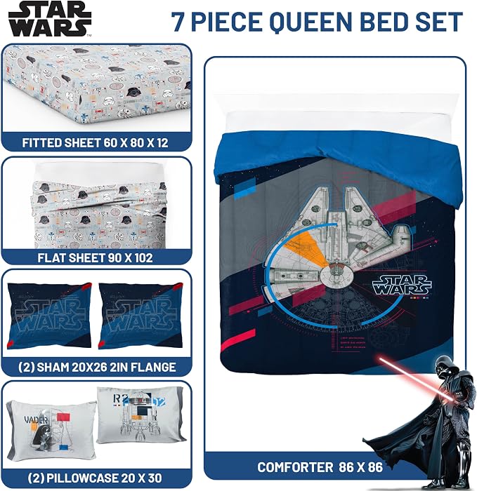 Star Wars Queen Comforter Set 7 Piece Soft Bedding for Boys, Dark Blue | Bed in a Bag, Comforter Sheets Shams Pillowcases, Official Product, Soft Microfiber, Machine Washable, Boys Gift