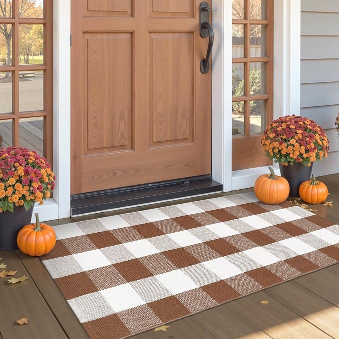 Buffalo Plaid Checkered Rug 24"x51" Fall Front Door Mat Outdoor Welcome Mat | Washable Front Door Mats Outdoor Entrance Porch Entryway Carpet Woven Autumn Welcome Mats Indoor Farmhouse Layered Doormats