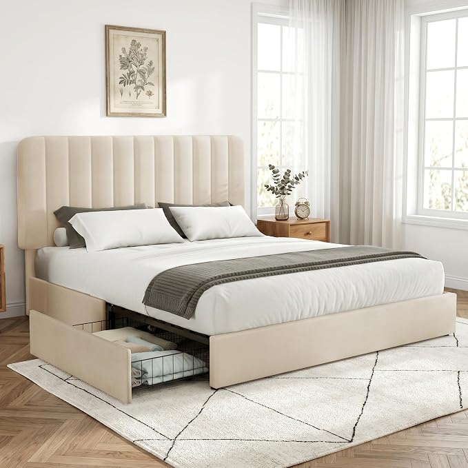 VECELO Full Size Upholstered Bed Frame with 4 Drawers and Headboard, Velvet Platform Storage Bedframe, Wooden Slats Support, No Box Spring Needed,Beige