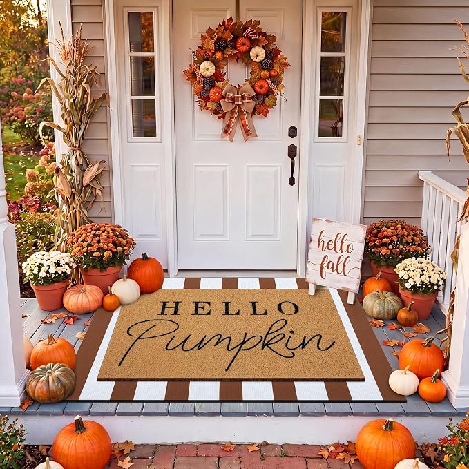 Tinideya 2 Pcs Fall Layered Doormats, Hello Pumpkin Welcome Mats | Front Porch Entryway Decor, Layering Doormats Seasonal, Non Slip