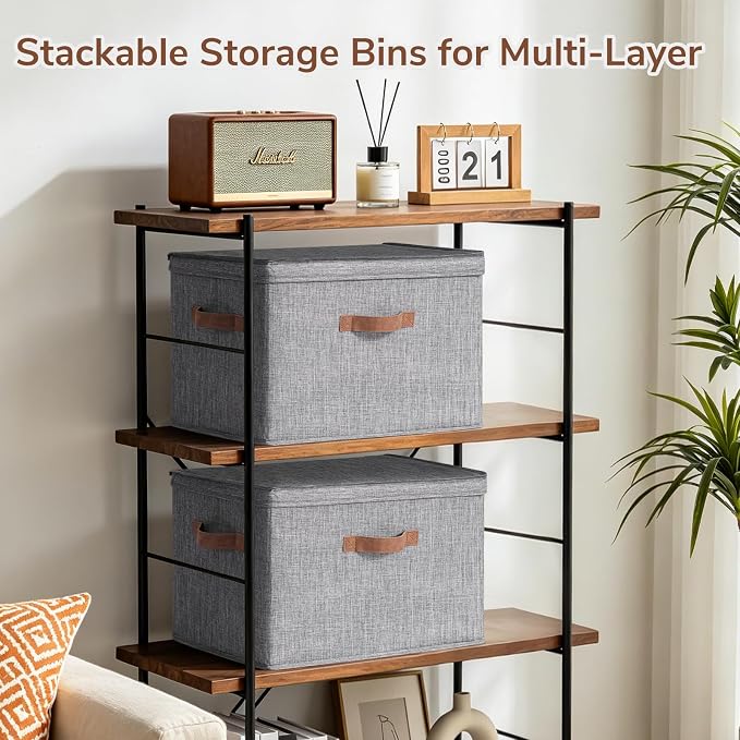 CHICVITA 4-Pack Large Fabric Storage Bins with Lids for Closet,Grey | 17.1" x 11.2" x 11.6" Storage Boxes for Shelves with Support Plate Fit Bedroom Storage Cubes with Handles for Clothes & Toys