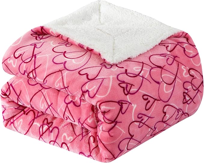Elegant Comfort Valentine's Day Sherpa Fleece Throw Blanket for Couch - Soft and Warm Sherpa Backing Reversible Pink Hearts Flannel Blanket Valentines Decor, 50 x 60 inches, Amara
