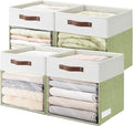 Bagnizer Storage Cubes, 4 Pack Linen Foldable Storage Bins (13 x 13 inch) with Clear Window and Handles, Fabric Organizer for Shelf Closet, Clothes, Books - (Green and White)