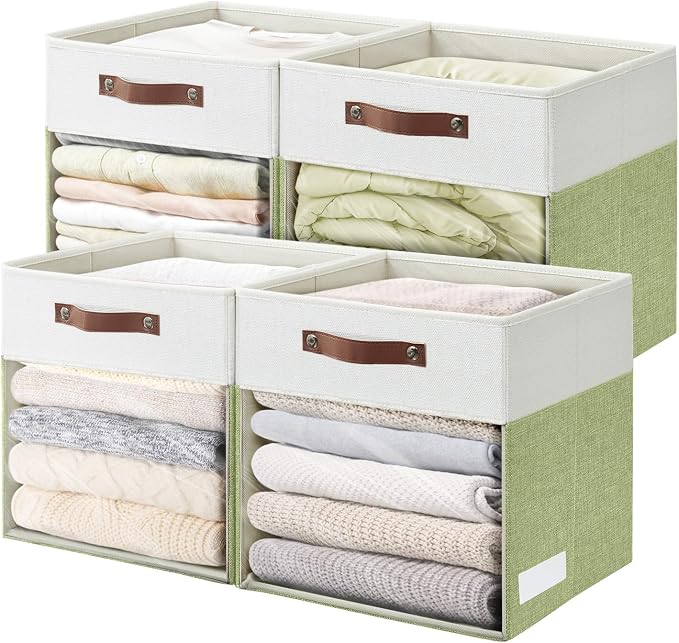 Bagnizer Storage Cubes, 4 Pack Linen Foldable Storage Bins (13 x 13 inch) with Clear Window and Handles, Fabric Organizer for Shelf Closet, Clothes, Books - (Green and White)