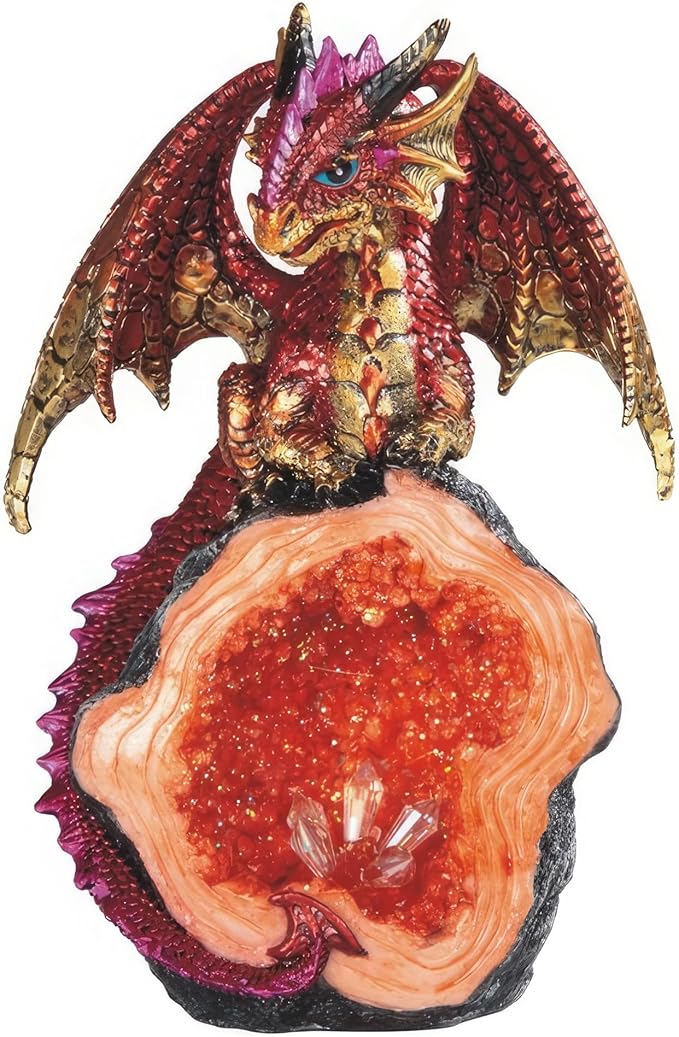 ICE Armor 8" H Red & Orange with Faux Crystal Statue Figurine, Guardian Dragon of The Fiery Crystal Geode - A Fantasy Sculpture of Power and Mystique