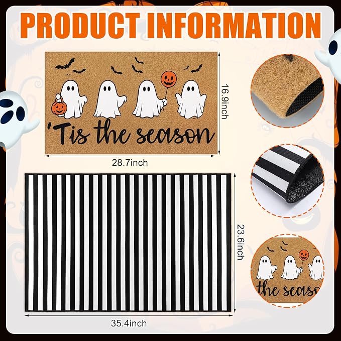 Tinideya 2 Pcs Halloween Layered Doormat Set, Cute Ghost Coir Doormat and Black White Striped Rug, Non Slip Fall Porch Decor for Entryway Patio Outdoor Decor