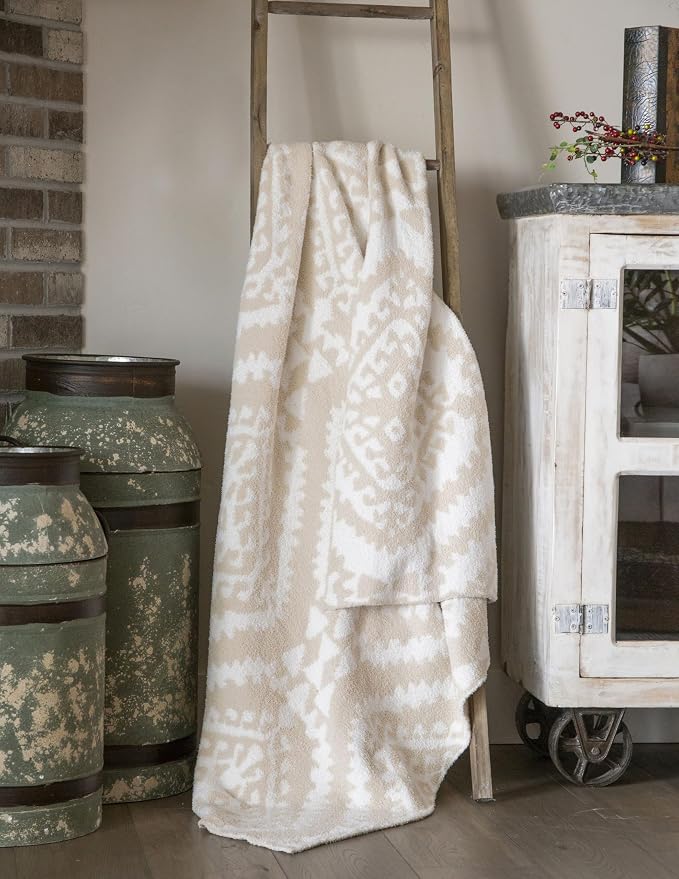 Carstens, Inc. Luxury Soft Stretchy Reversible Plush Throw Blanket, Large 50" x 60", Beige Moroccan