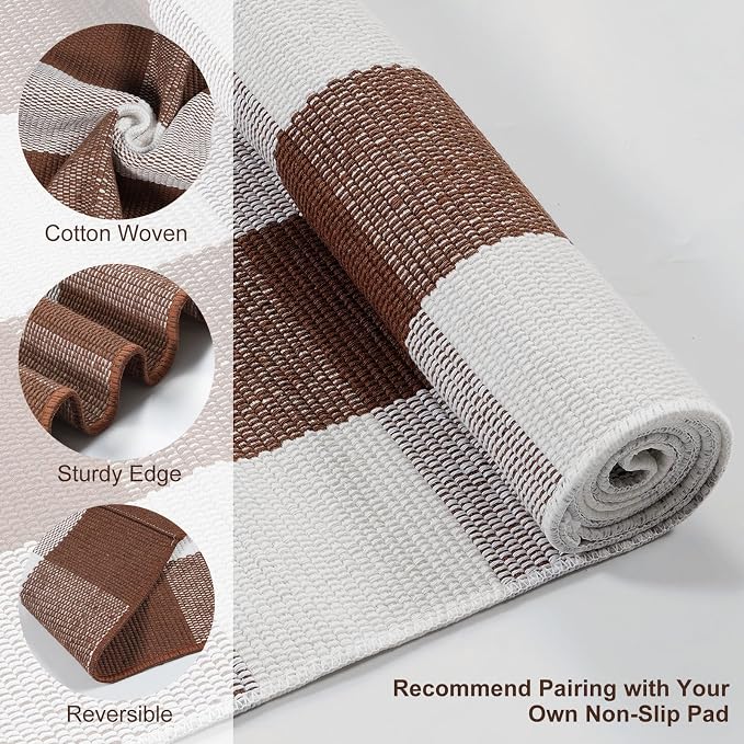 Uphome Bufflo Plaid Outdoor Rug 2'x3', Fall Decor Small Checkered Front Door Mat, Indoor Outdoor Farmhouse Cotton Porch Rug for Layered Door Mats, Washable Brown Area Rugs for Patio Entryway