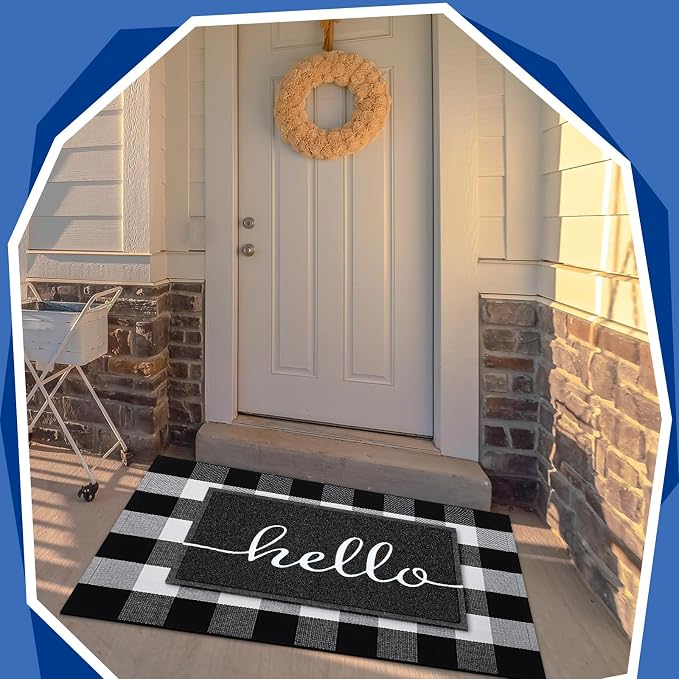 Geelin 2 Pcs 30'' x 18'' Hello Doormat 43'' x 27.5'' Black and White Layered Rug for Front Door Mat Outside Entrance Welcome Door Mats for Indoor Outdoor Entryway Porch Decor