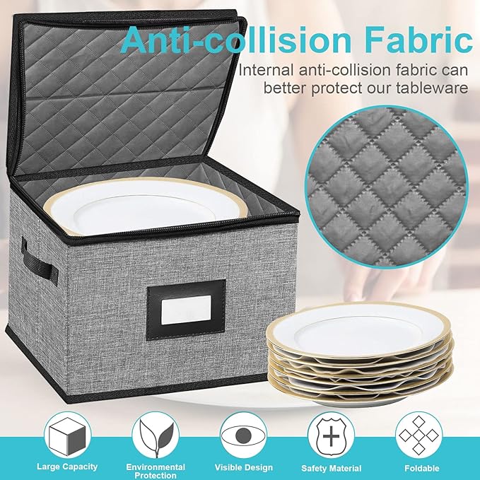 China Storage Containers-4PACK Quilted Dish Storage Containers with Lid Hard Shell for Moving Transport, Dinnerware,Stackable Plate Storage,24 Felt Plate Dividers Included,12 * 12 * 8in | 12*12*8in Dish Storage Containers with Lid Hard Shell for Moving...