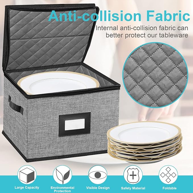 China Storage Containers-Quilted Dish Storage Containers with Lid Hard Shell for Moving Transport, Dinnerware Storage,Stackable Plate Storage,24 Felt Plate Dividers Included,2PACK 12*12*8in | 12*12*8in Dish Storage Containers with Lid Hard Shell for Mo...