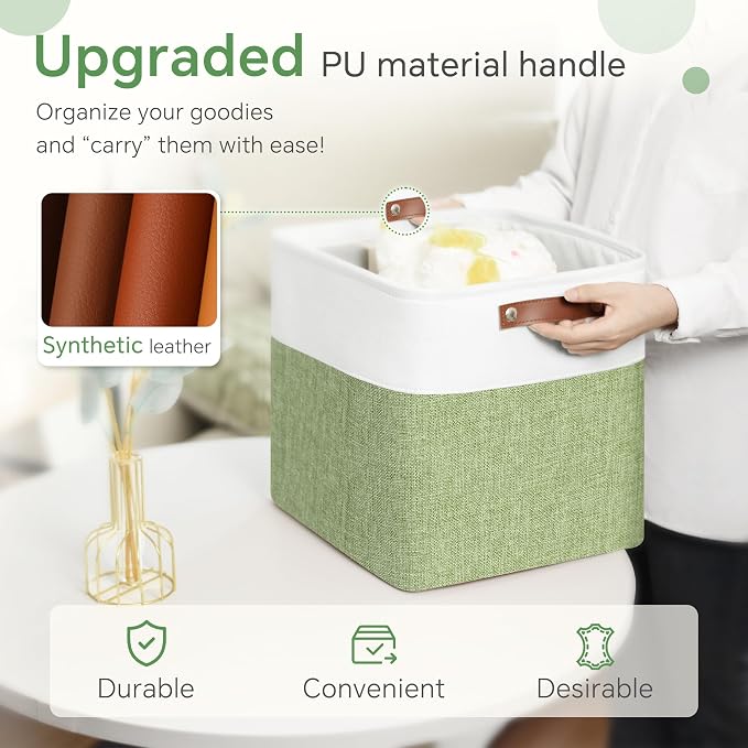 FinishingBo 11x11 Cube Storage Bins 6 Pack, Fabric Basket with Handles | Foldable Storage Cubes, PU Leather Handles,Closet Storage, White Green