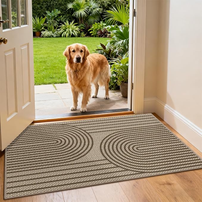 Faux Jute Front Door Mat, 2' x 3' Entryway Porch Rug, Brown Farmhouse Ultra-Thin Washable Non-Slip Mat for Indoor Foyer & Outdoor Patio Decor