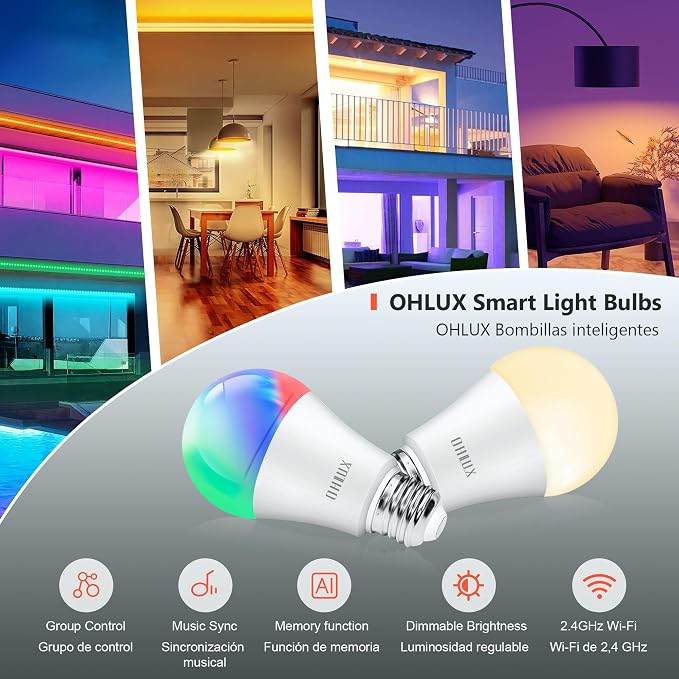 OHLUX Smart WiFi LED Light Bulbs Compatible with Alexa Google Home 900Lumen 100W Equivalent, RGBCW Multi-Color, 2700-6500k Dimmable,Voice Control 9W E26 A19 Color Changing Bulb-4PACK