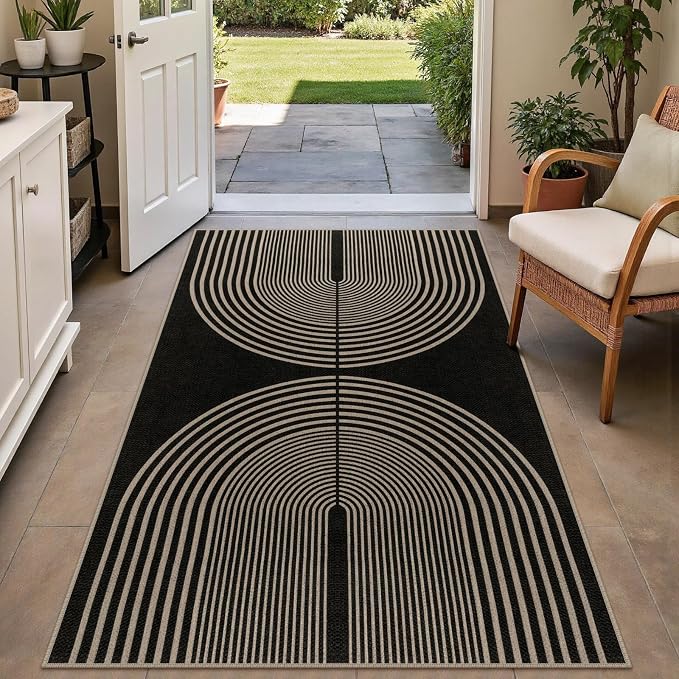 Rugalia Easy Jute Small Outdoor Patio Rug, 3x5 Black Rainbow Entryway Rug Washable Non-Slip Modern Kitchen Rugs, Neutral Farmhouse Boho Throw Carpet for Outdoor Living Room Porch Backyard
