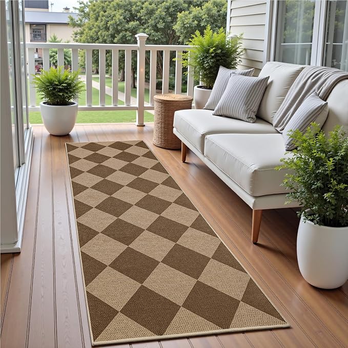 EDIMENS 2x6 Checkered Easy Jute Washable Kitchen Indoor Outdoor Runner Rug | Non Slip Front Door Runner Rug for Laundry Balcony Low Pile Rugs Brown Checkerboard Carpet for Hallway 6ft Entry