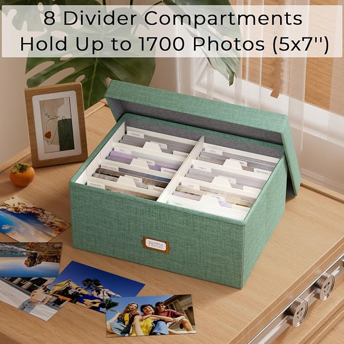 Decorative Photo Storage Box, Linen Photo Box Holds 1700 5x7 Pictures Green | Photo Storage Containers with 8 Dividers, Memory Keepsake Organizer for Photos, Scrapbook Supplies, Cards, Stamps,Archive Box