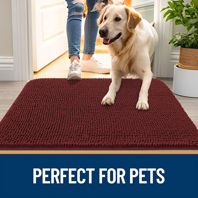 OLANLY Dog Door Mat for Muddy Paws 47x20, Absorbs Moisture and Dirt, Absorbent Non-Slip Washable Doormat, Quick Dry Chenille Mud Mat, Entry Indoor Entryway Carpet for Inside Floor, Caramel Russet