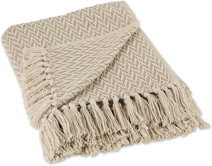 DII Modern Zig Zag Throw Blanket Woven Cotton, Hand-Knotted 2.5" Fringe, 50x60, Stone