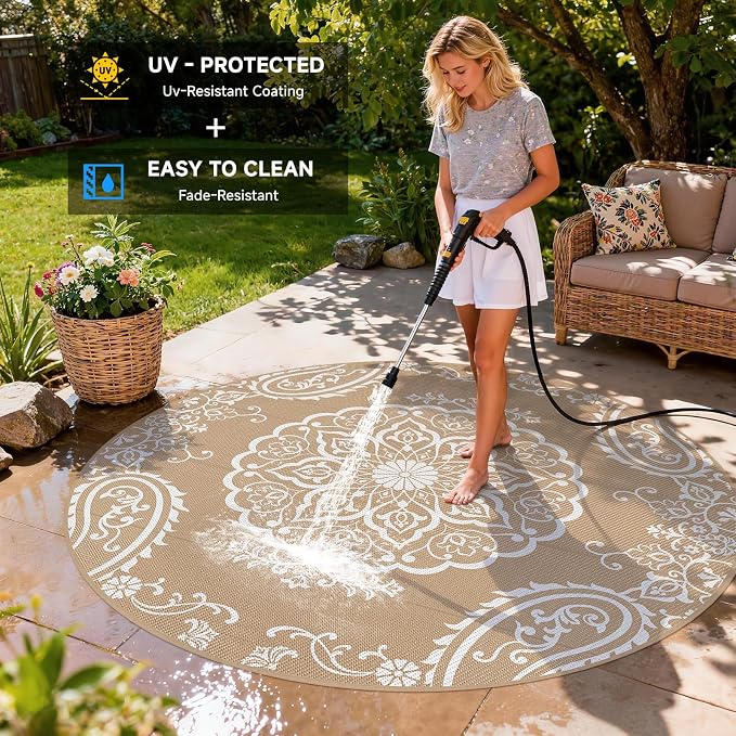 Pauwer Outdoor Rug 8ft, Waterproof Plastic Straw Camping Rug, Boho Brown | Reversible Patio Rug, UV Resistant Indoor Outdoor RV Mat Carpet For Deck, Camper, Porch, Balcony, Backyard, Picnic, Foldable
