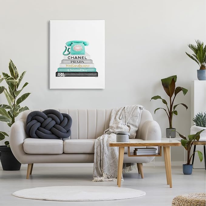 Stupell Industries 'Grey Teal and Black Fashion Bookstack with Teal Phone', Canvas Art, 30 x 40 Inches, Easy to Hang and Sturdy, Made in USA, by Amanda Greenwood