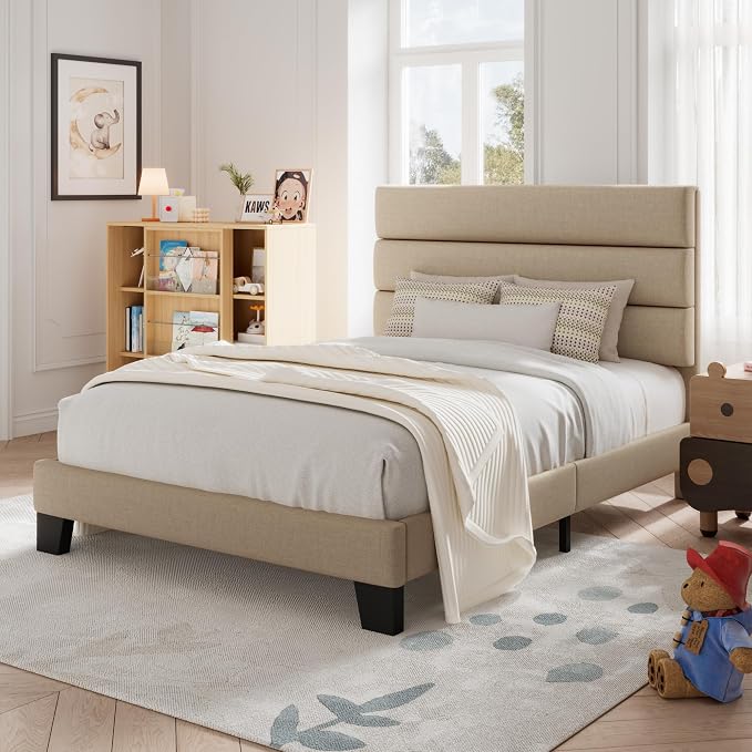 Allewie Twin Size Platform Bed Frame with Fabric Upholstered Headboard | Wooden Slats Support, Fully Upholstered Mattress Foundation, No Box Spring Needed, Easy Assembly, Noise-Free, Beige