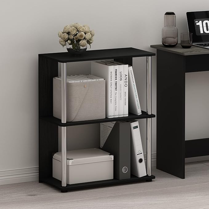 Furinno Jaya Simple Design 3-Tier Bookcase/Bookshelf/Display Rack with Stainless Steel Tubes, Americano | 11.6 x 23.6 x 30, Storage Shelves, Shelving Unit, for Organization and Storage, Living Room, Garage, Home Office