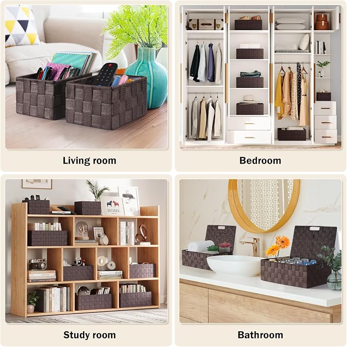 Storage Baskets with Lids: 5 Pack Stackable Woven Storage Bins, Brown | Decorative Woven Baskets for Organizing with Built-In Handles for Shelves, Closets, Cabinets and Cubbies, Gift Small Basket