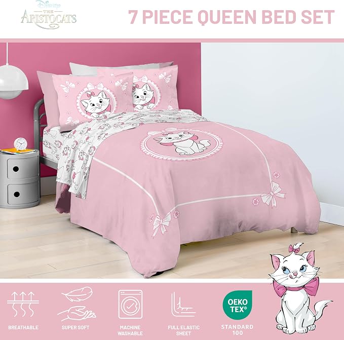 Disney Aristocats Marie Queen Comforter Set 7 Piece Kids Bedding, Pink | Bed in a Bag, Comforter Sheets Shams Pillowcases, Official Brand, Soft Microfiber, Machine Washable, Girls Gift