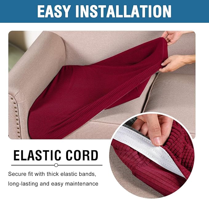 H.VERSAILTEX Super Stretch Individual Seat Cushion Covers - Sofa & Couch Cushion Slipcover Sets - Thick Jacquard Textured Twill Fabric (3 Piece XL Sofa Cushion Covers, Burgundy Red)