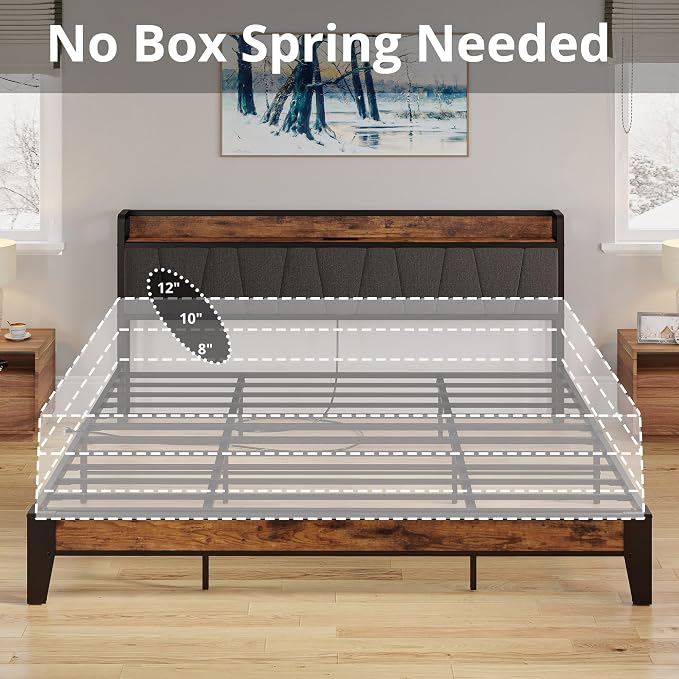 LIKIMIO California King Bed Frames, Storage Headboard with Charging Station, Solid and Stable, Noise Free, No Box Spring Needed, Easy Assembly