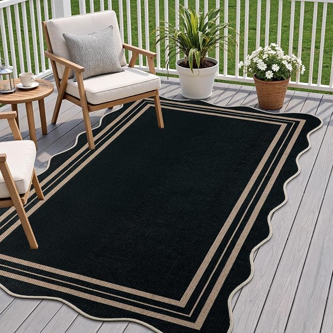 EDIMENS Scalloped Easy Jute 3x5 Outdoor Rug, Washable Non-Slip Geometric Black Rugs for Entryway, Indoor Outdoor Farmhouse Rug Modern Carpet Door Mat Area Rug for Patio Living Room Porch Kitchen