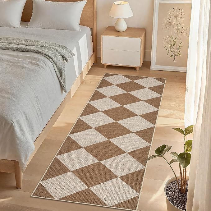 Garvee 2x6 Kitchen Rugs Non Slip Washable Runner Rug, Geometric Easy Jute Indoor Outdoor Rugs for Entryway, Non Shedding Stain Resistant Neutral Diamond Mat for Patio, Porch, Bedroom, Coffee/White