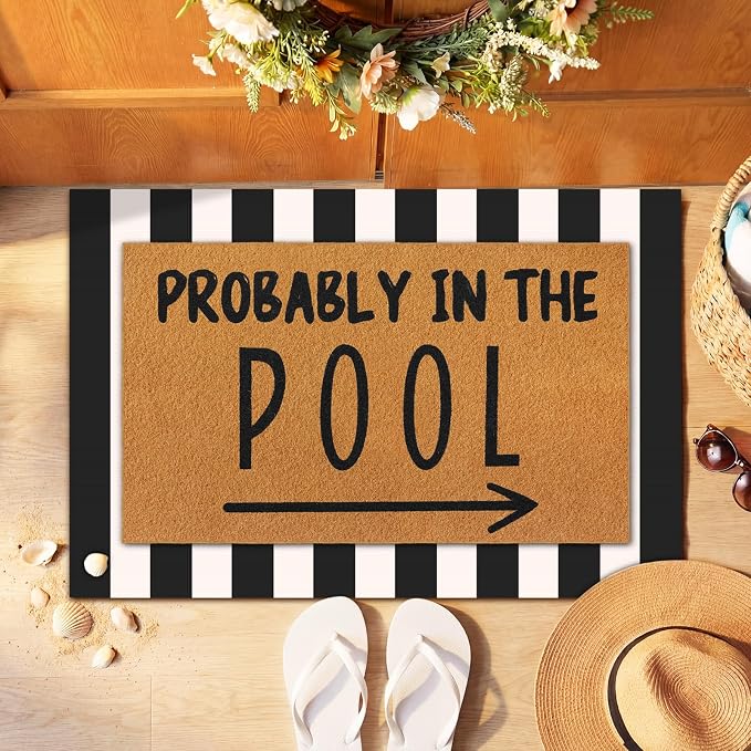 Tinideya 2 Pcs Summer Door Mat Probably in the Pool Welcome Non Slip Coir Mats Floor Layering Black and White Strips Doormats Seasonal for Front Porch Entryway Decor(Pool)