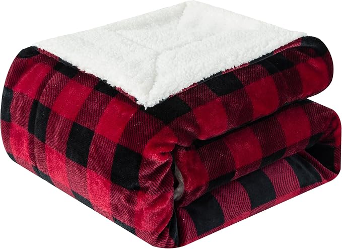 Elegant Comfort Luxury Ultra-Plush Velvet Touch Buffalo Plaid Fleece Throw - Soft, Warm, Cozy Micromink Sherpa-Backing Reversible Blanket for Bed, Sofa and Couch, Buffalo Burgundy