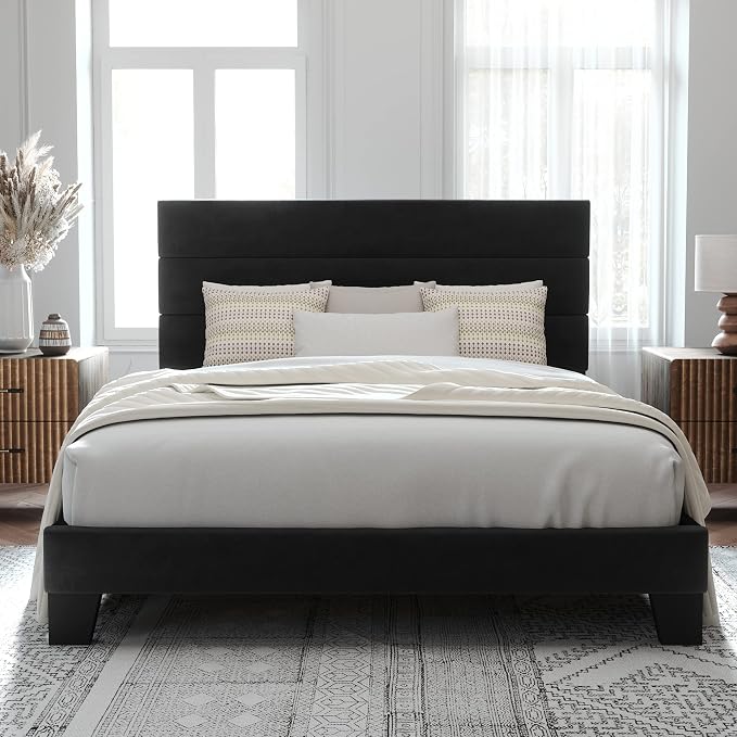 Allewie Full Size Platform Bed Frame with Velvet Upholstered Headboard | Wooden Slats Support, Fully Upholstered Mattress Foundation, No Box Spring Needed, Easy Assembly, Noise-Free, Black