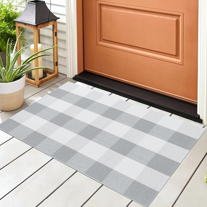 uxcell Buffalo Check Rug,Plaid Outdoor Rug,Layered Door Mat,Cotton Gingham Rugs,Floor Mat for Front Porch/Runner/Bedroom/Kitchen/Farmhouse 35"x24" Gray & White