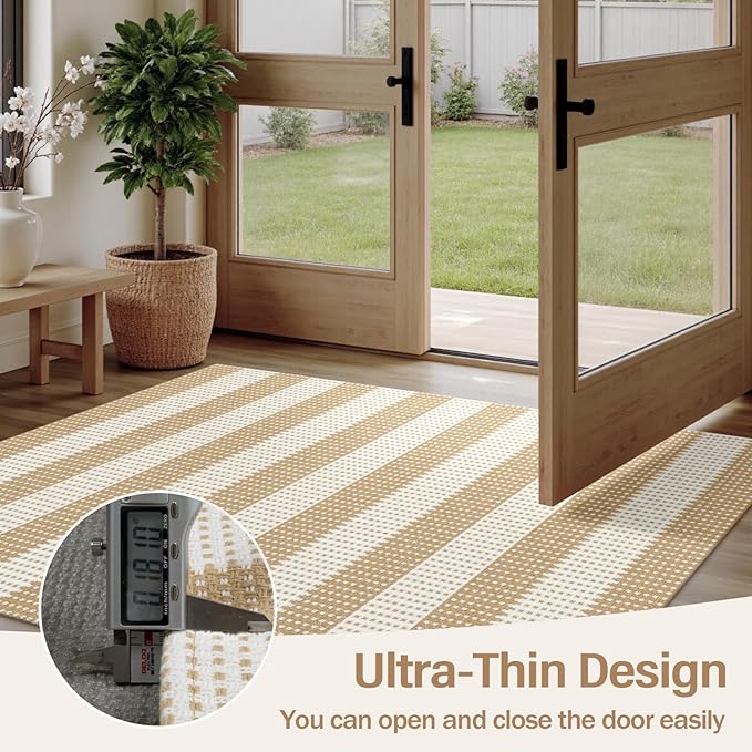 Rugalia Washable Woven Indoor Outdoor Runner Rug 2x6, Natural Beige Striped Cotton Rug Runners for Hallway Non-Slip Long Kitchen Mat, Modern Neutral Throw Runner Carpet for Entry Porch Patio