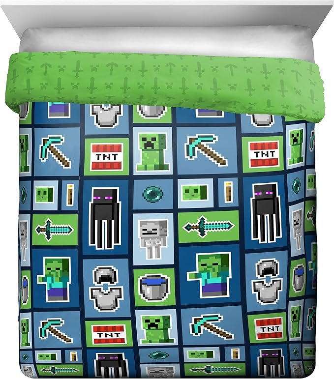 Minecraft Creeper Queen Comforter Set 5 Piece Kids Bedding for Boys, Multi | Zombie, Bed in a Bag, Comforter Sheets Pillowcases, Official Product, Soft Microfiber, Machine Washable, Boys Gift