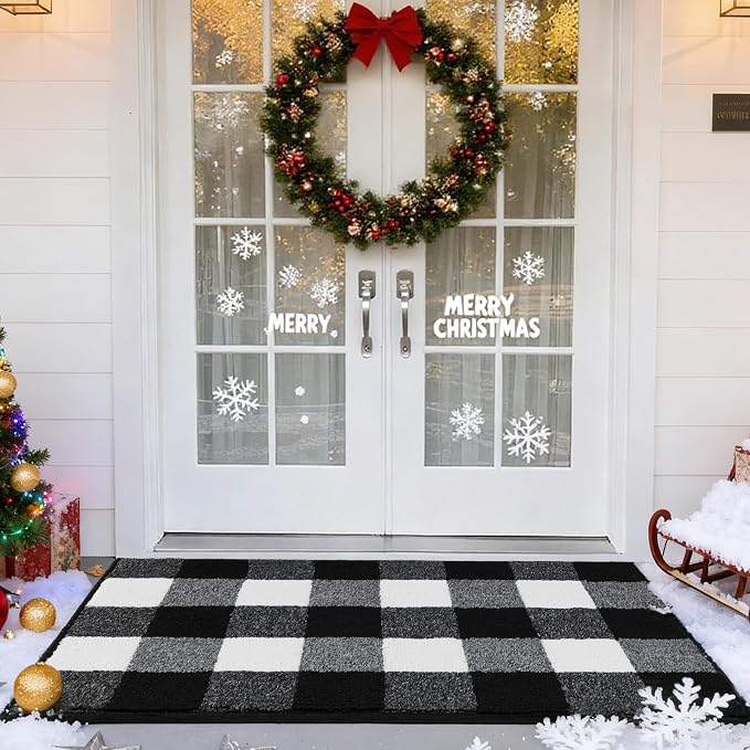 REFETONE Buffalo Plaid Indoor Outdoor Rug 24"x36", Black and White Checkered Front Door Mat with Non-Slip Rubber Back, Washable Low-Profile Entryway Rug for Porch, Kitchen, Layered Doormat Decor